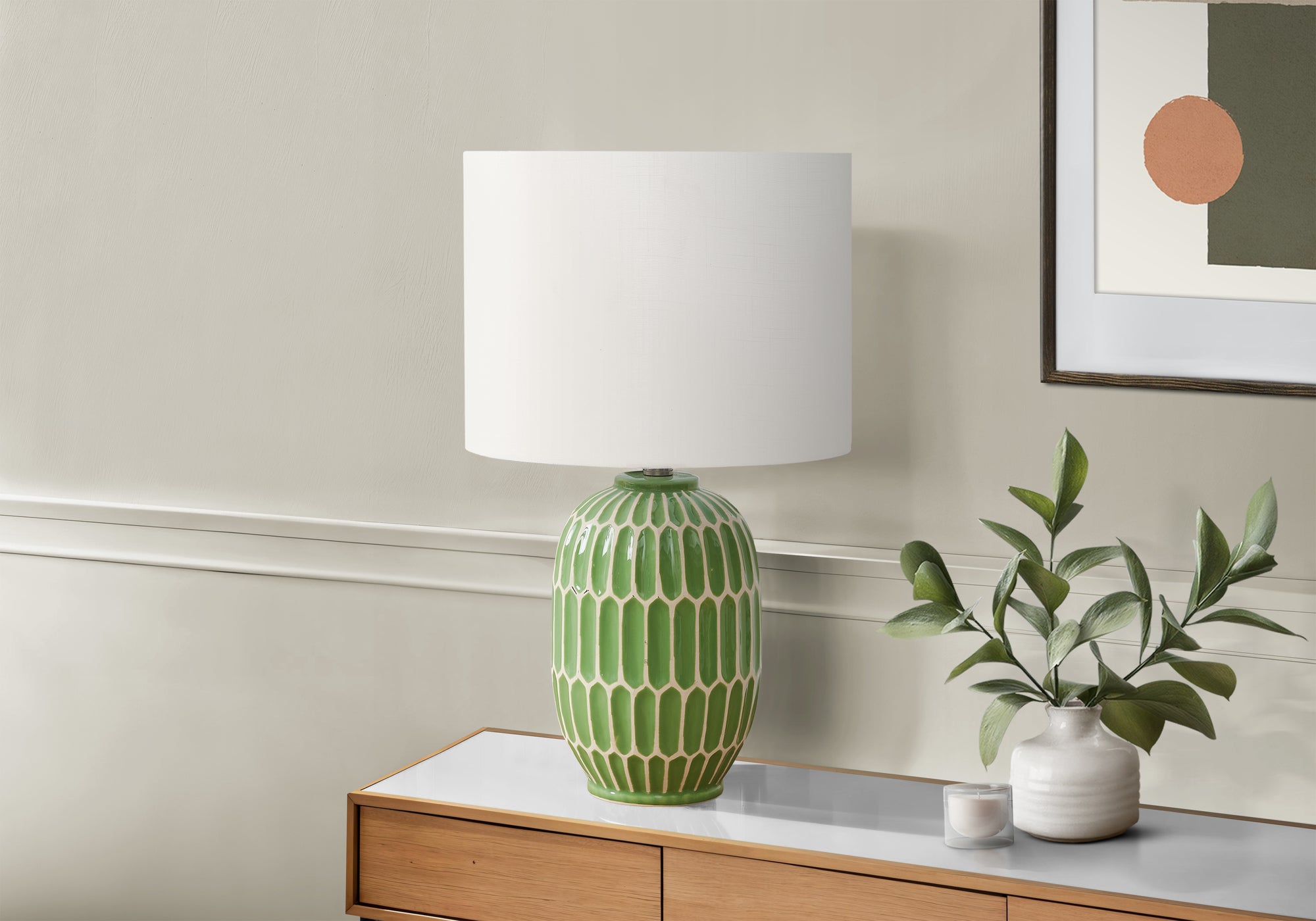 I 9877 - Luminaire, 22''H, Lampe De Table, Céramique Verte, Abat-jour Ivoire / Crème, Contemporain, Moderne - Simple Boutique