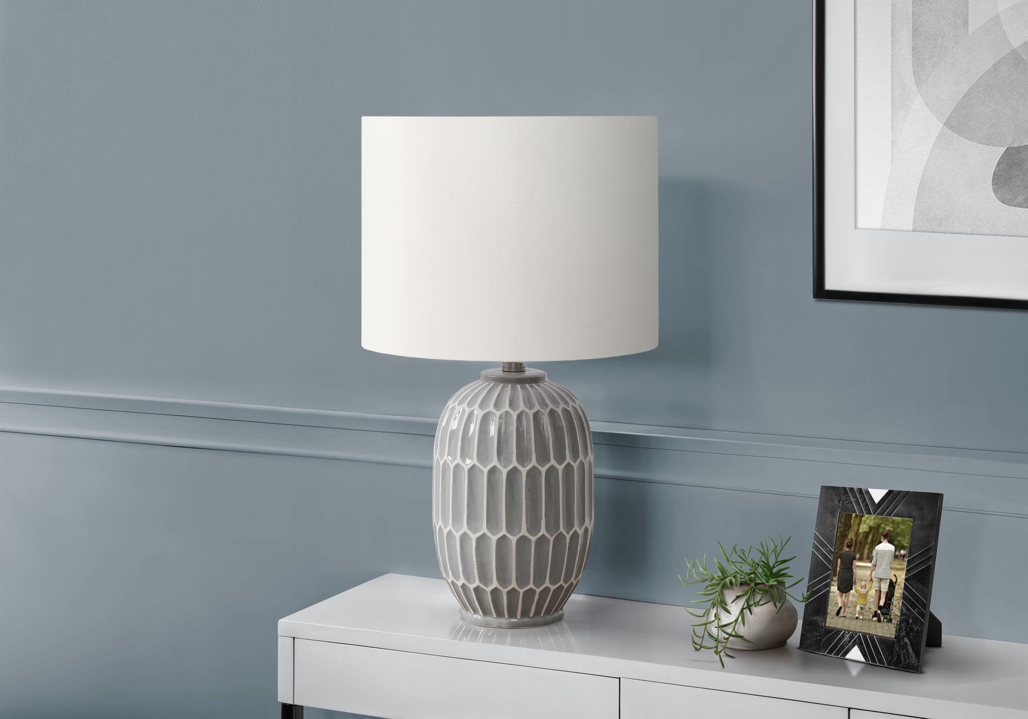 I 9878 - Luminaire, 22''H, Lampe De Table, Céramique Gris, Abat-jour Ivoire / Crème, Contemporain, Moderne - Simple Boutique