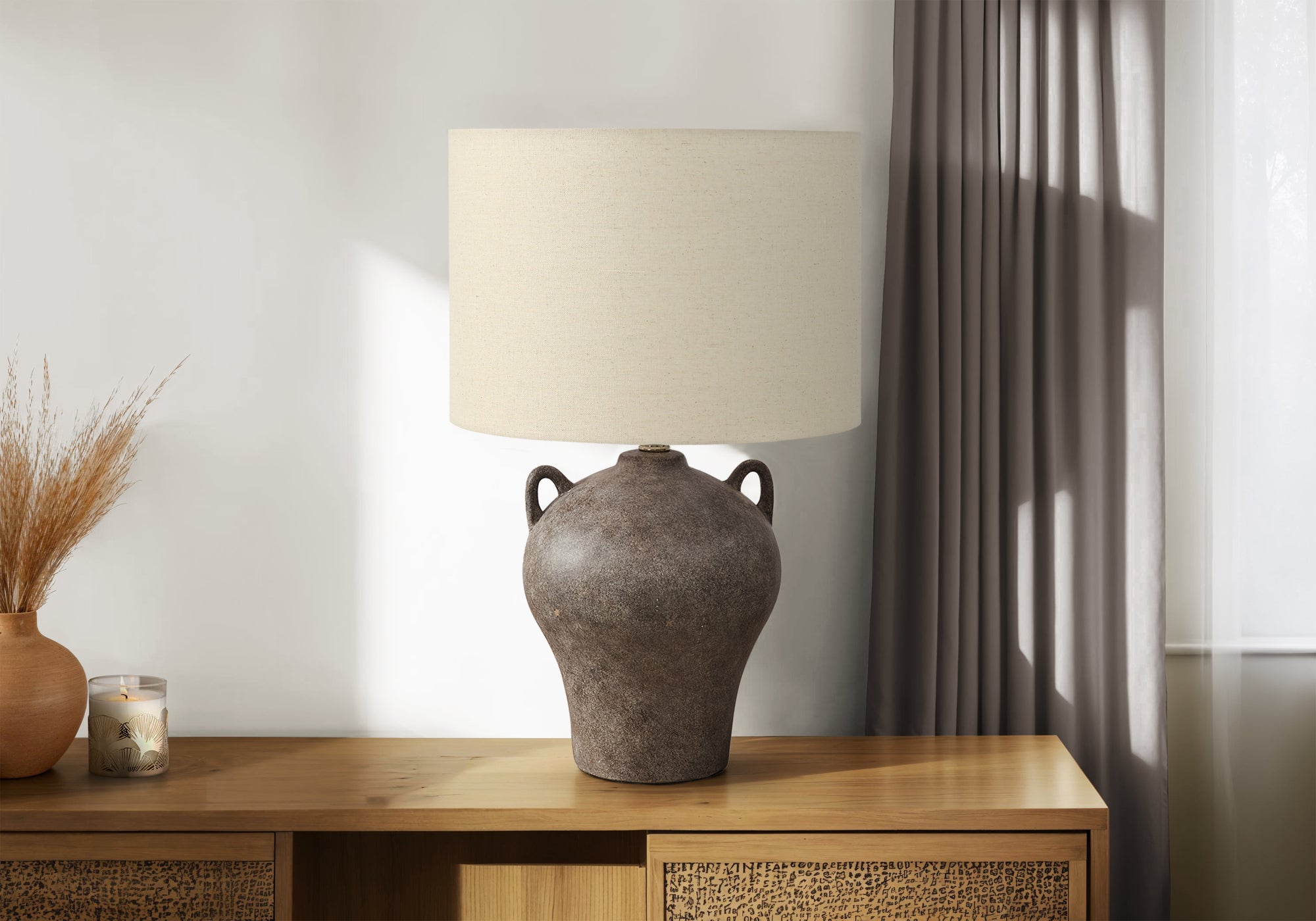 I 9883 - Luminaire, 22''H, Lampe De Table, Céramique Brune, Abat-jour Beige, Transitionnel - Simple Boutique