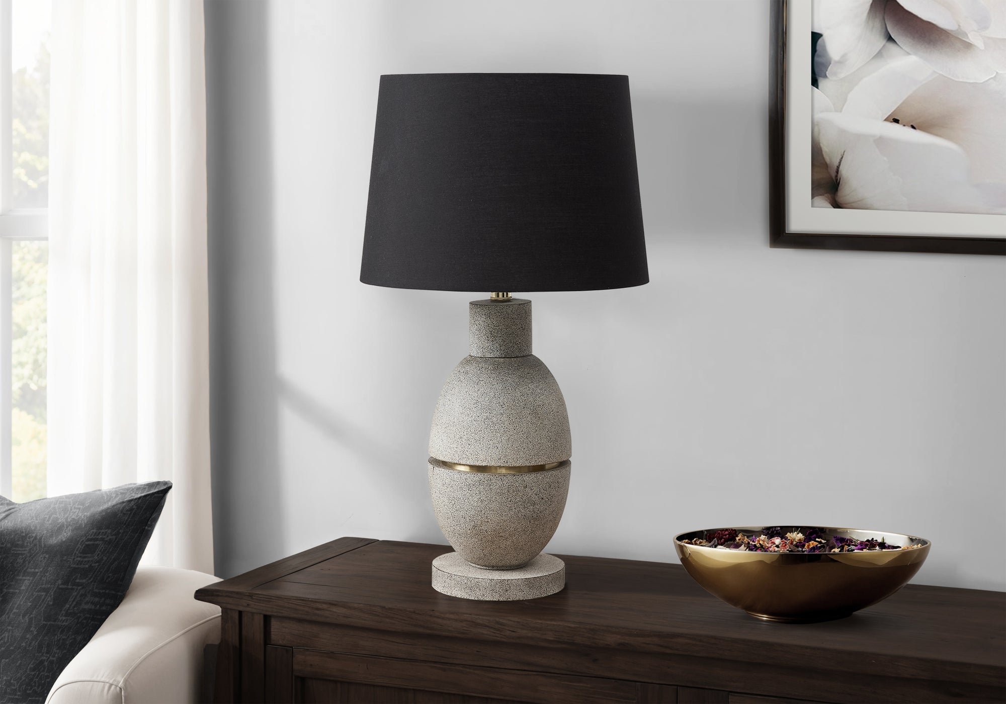 I 9887 - Luminaire, 25''H, Lampe De Table, Résine Grise, Abat-jour Noir, Contemporain, Moderne - Simple Boutique