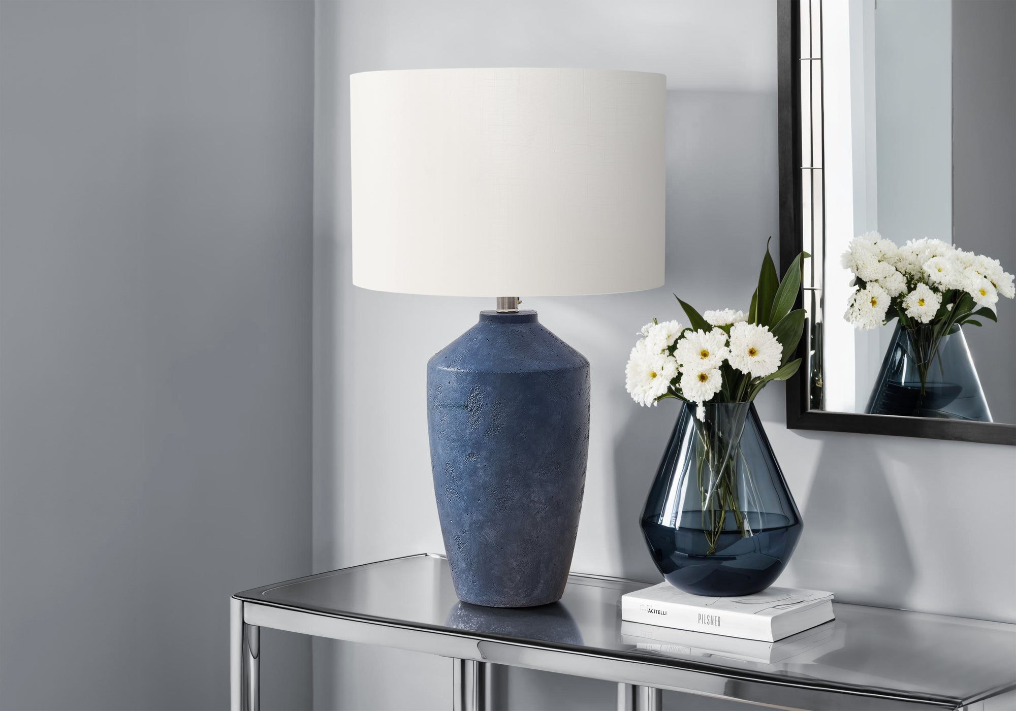 I 9889 - Luminaire, 25''H, Lampe De Table, Béton Bleu, Abat-jour Ivoire / Crème, Contemporain, Moderne - Simple Boutique