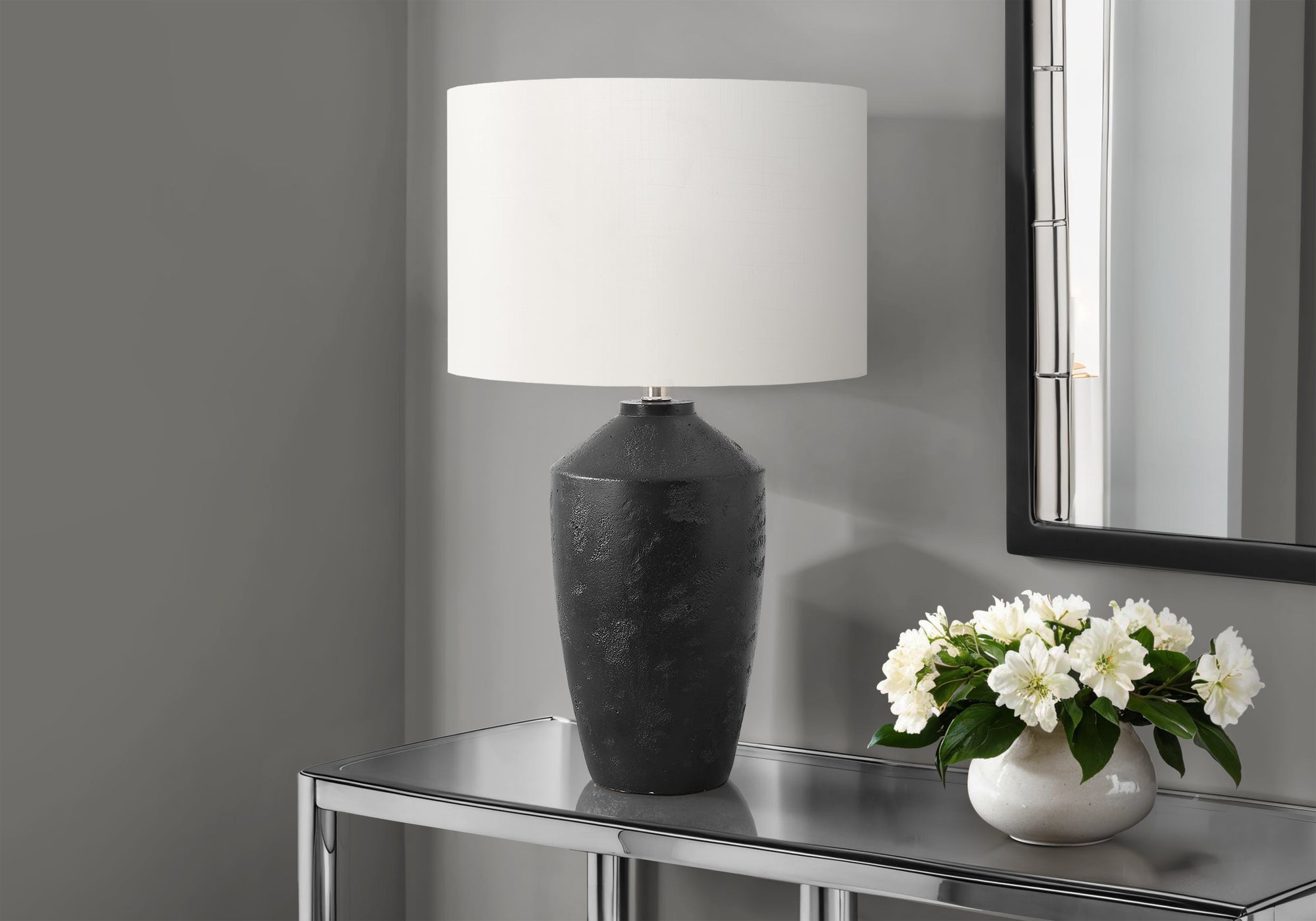 I 9893 - Luminaire, 25''H, Lampe De Table, Béton Noir, Abat-jour Ivoire / Crème, Contemporain, Moderne - Simple Boutique
