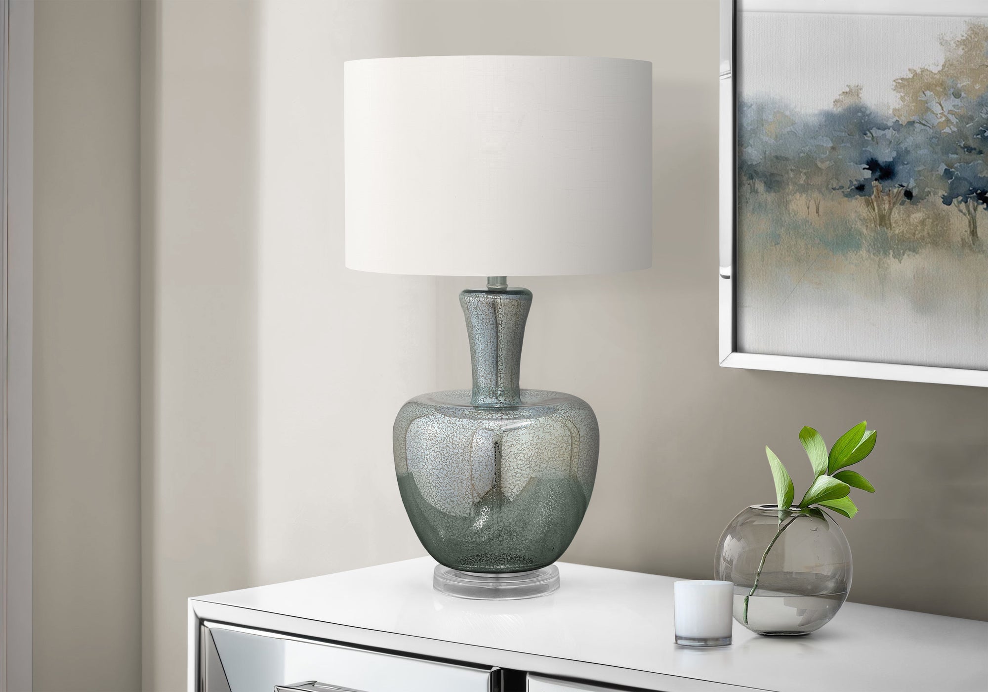 I 9898 - Luminaire, 26''H, Lampe De Table, Verre Argent, Abat-jour Ivoire / Crème, Contemporain, Moderne - Simple Boutique
