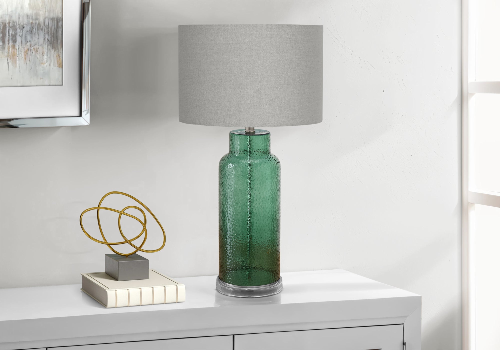 I 9908 - Luminaire, 28''H, Lampe De Table, Verre Vert, Abat-jour Gris, Contemporain, Moderne - Simple Boutique