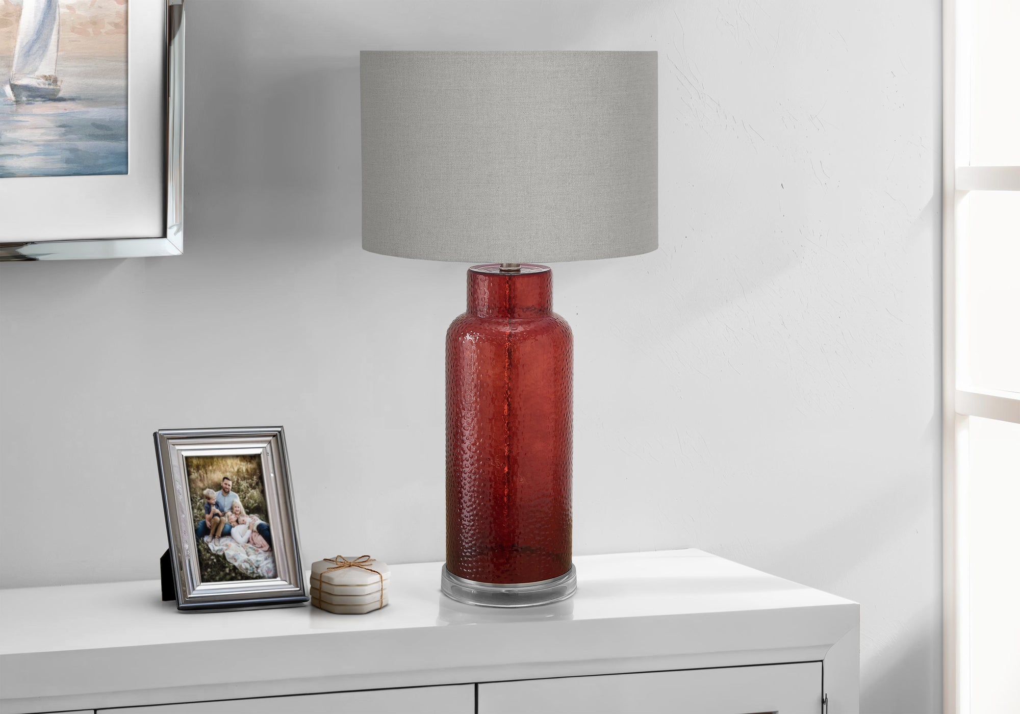 I 9909 - Luminaire, 28''H, Lampe De Table, Verre Rose Poussiéreux, Abat-jour Gris, Contemporain, Moderne - Simple Boutique