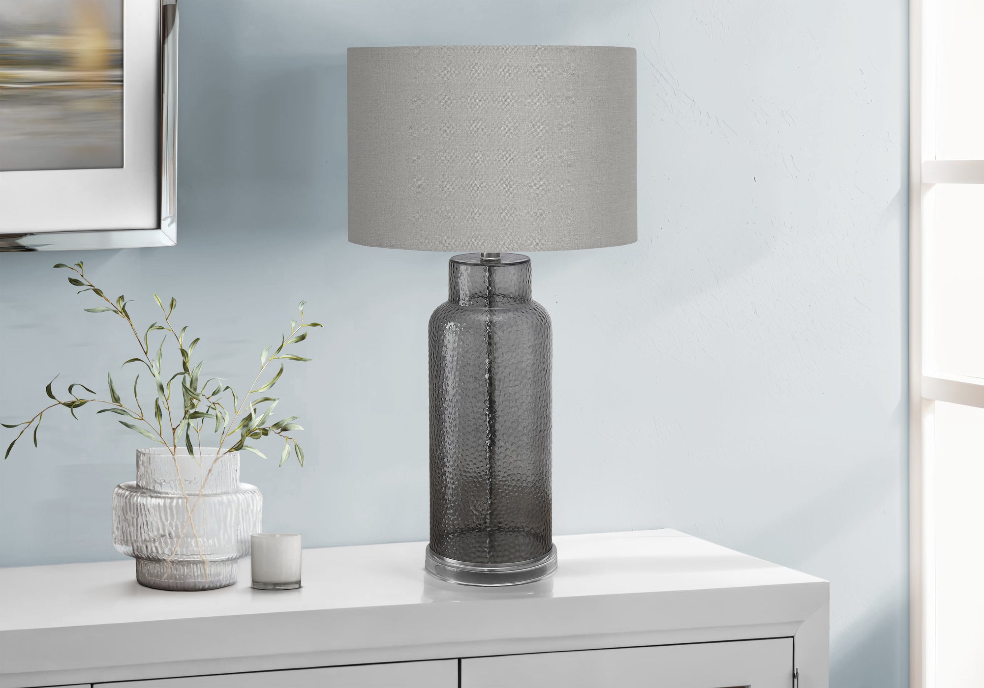 I 9910 - Luminaire, 28''H, Lampe De Table, Verre Gris, Abat-jour Gris, Contemporain, Moderne - Simple Boutique