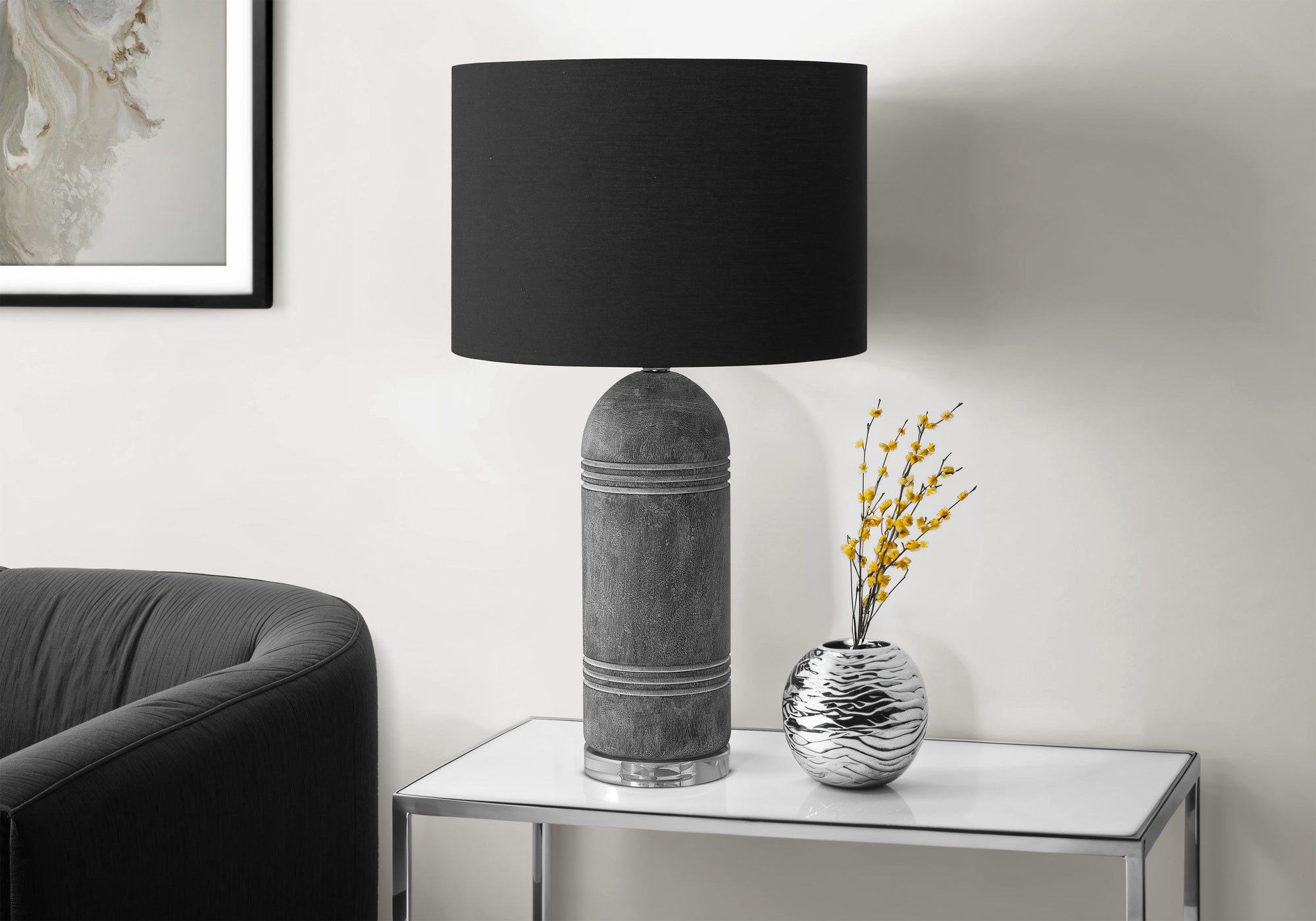 I 9914 - Luminaire, 28''H, Lampe De Table, Résine Grise, Abat-jour Noir, Contemporain, Moderne - Simple Boutique