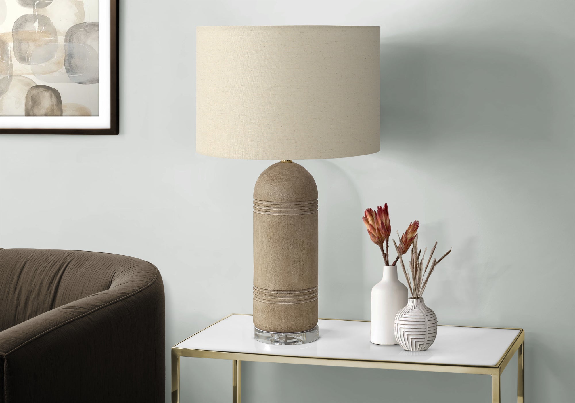 I 9915 - Luminaire, 28''H, Lampe De Table, Résine Brune, Abat-jour Beige, Contemporain, Moderne - Simple Boutique