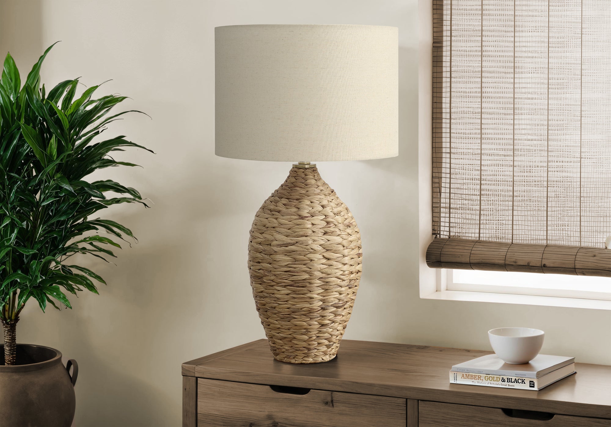 I 9917 - Luminaire, 30''H, Rotin Naturel, Abat-jour Beige, Transitionnel - Simple Boutique