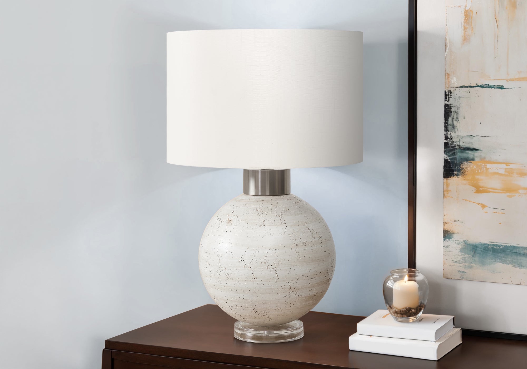 I 9929 - Luminaire, Lampe De Table, 27''H, Résine Beige, Abat-jour Ivoire / Crème, Contemporain - Simple Boutique