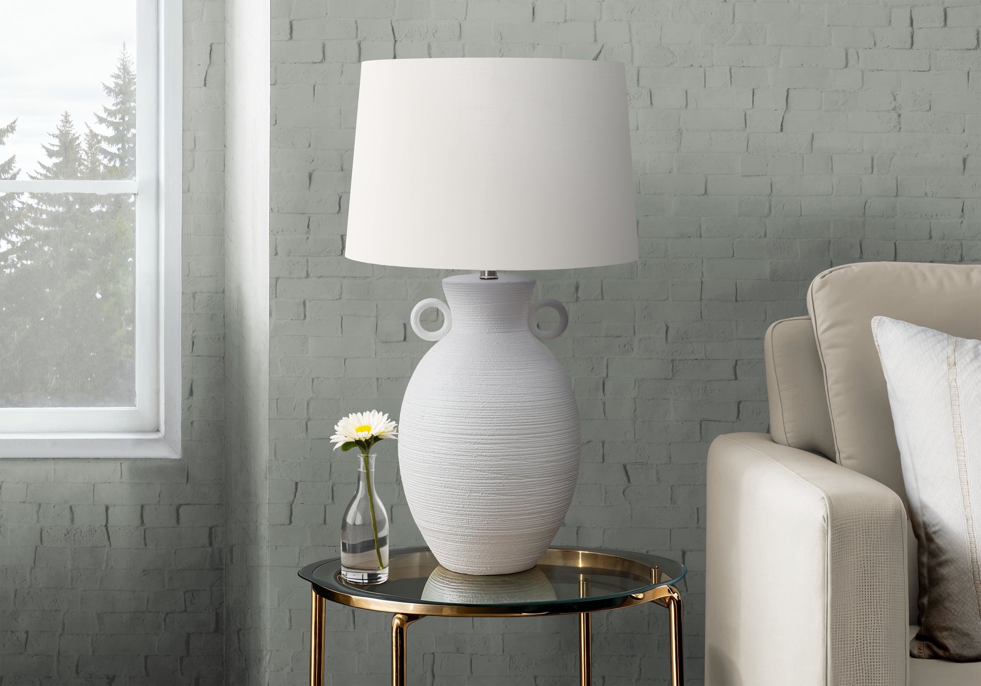 I 9943 - Luminaire, 30''H, Lampe De Table, Céramique Blanche, Abat-jour Ivoire / Crème, Transitionnel - Simple Boutique