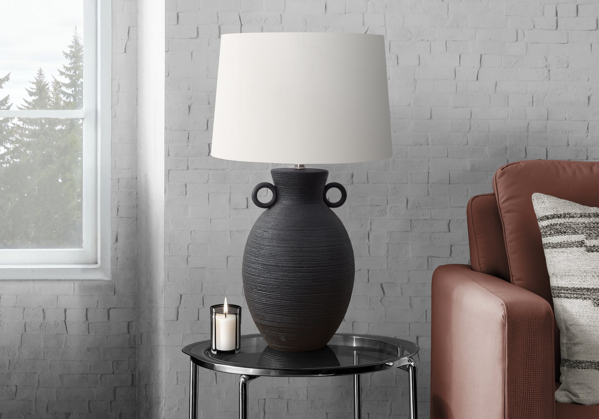 I 9944 - Luminaire, 30''H, Lampe De Table, Céramique Noire, Abat-jour Ivoire / Crème, Transitionnel - Simple Boutique
