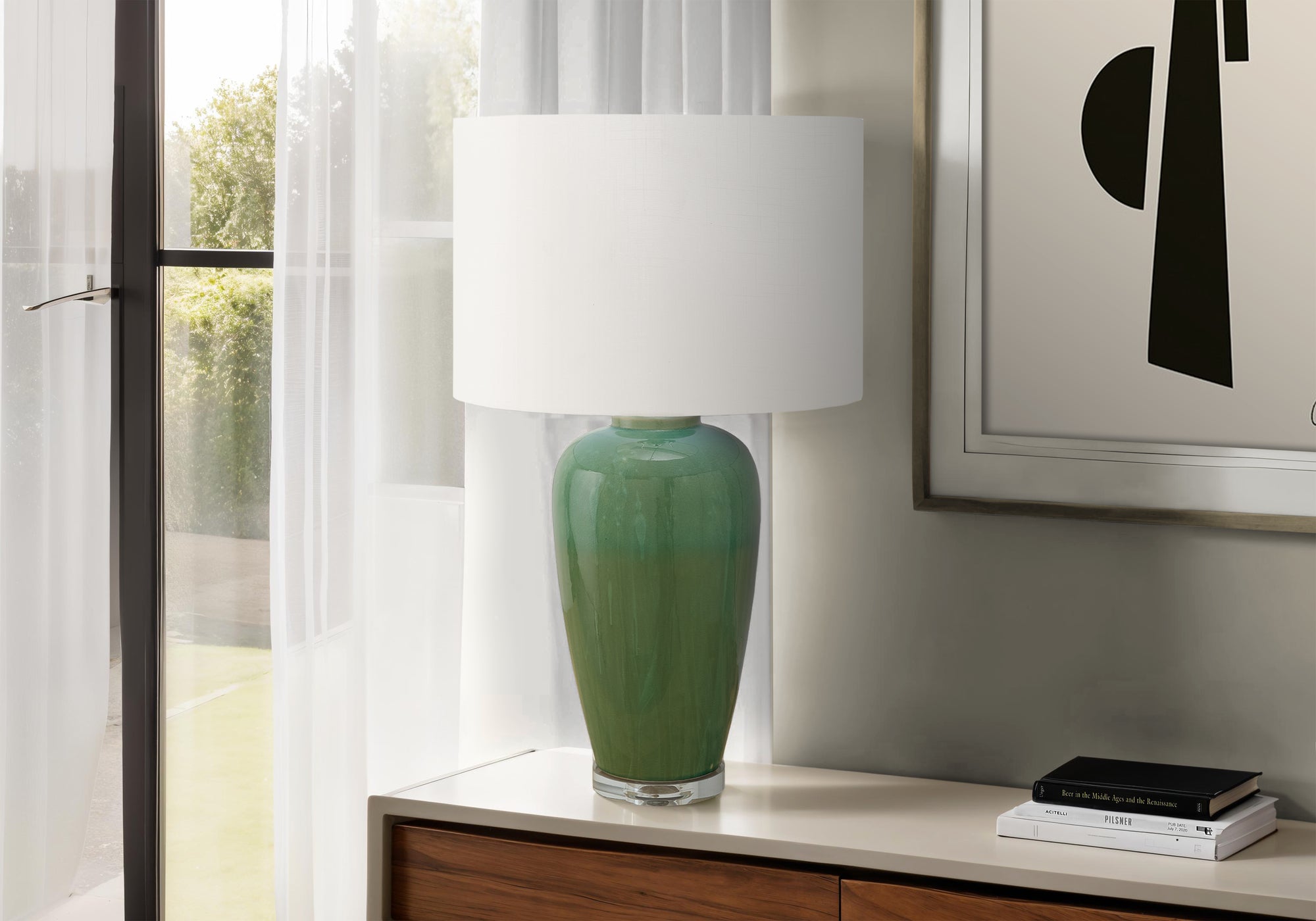 I 9946 - Luminaire, 29''H, Lampe De Table, Céramique Verte, Abat-jour Ivoire / Crème, Contemporain, Moderne - Simple Boutique