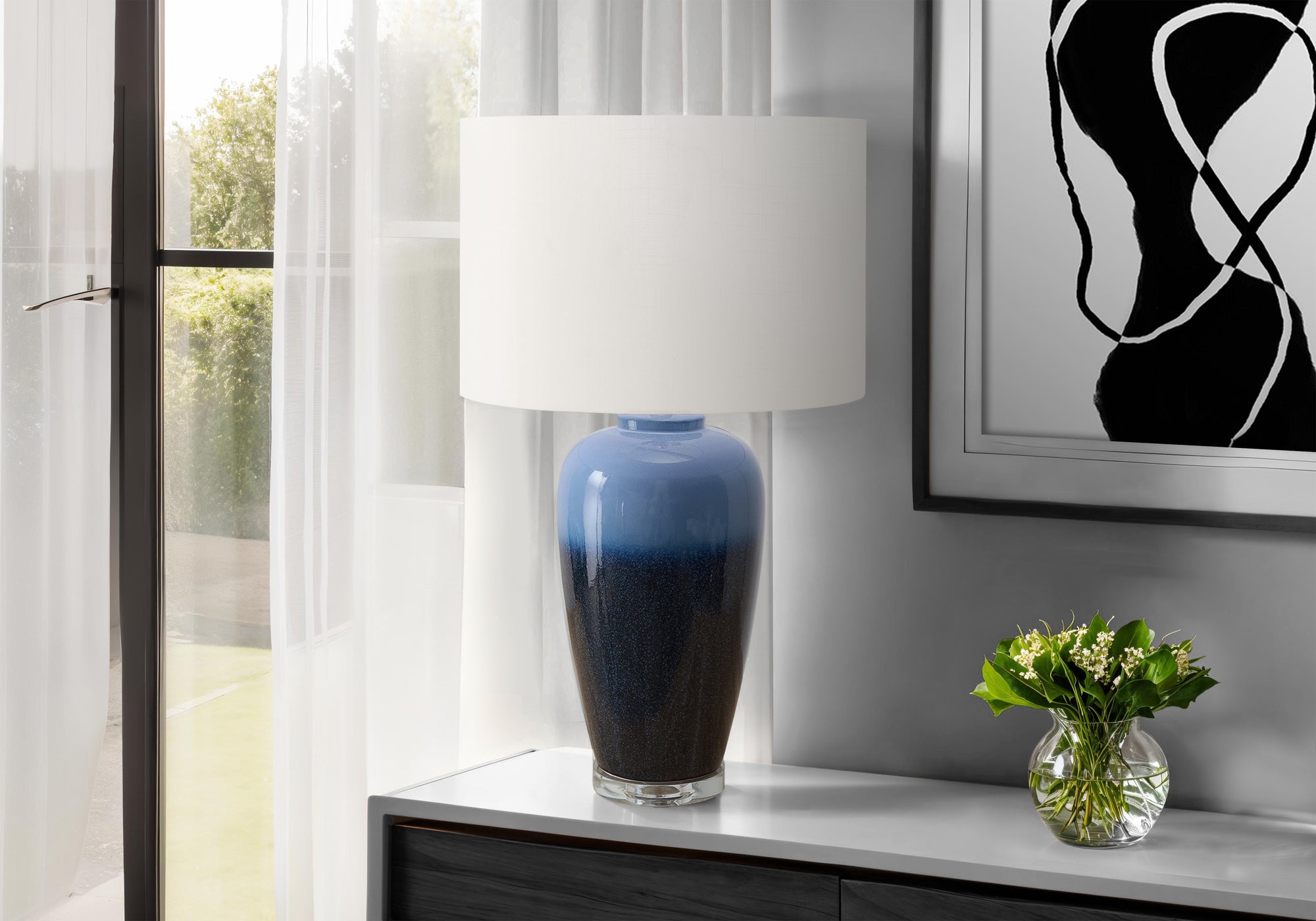 I 9947 - Luminaire, 29''H, Lampe De Table, Céramique Bleue, Abat-jour Ivoire / Crème, Contemporain, Moderne - Simple Boutique