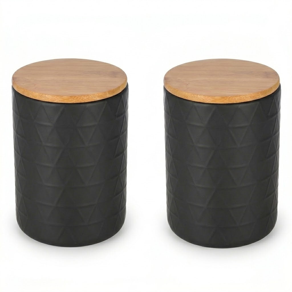 ITY International - Ensemble de 2 Pots de Rangement Hermétiques en Céramique avec Couvercle en Bambou, Grandeur Large, Noir - Simple Boutique