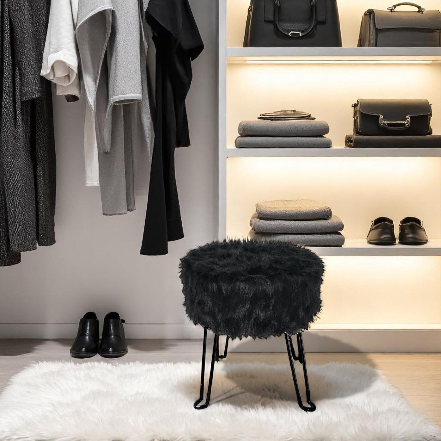 ITY International - Pouf Duveteux avec Base en Métal, 14.5'' x 15.7'', Noir - Simple Boutique