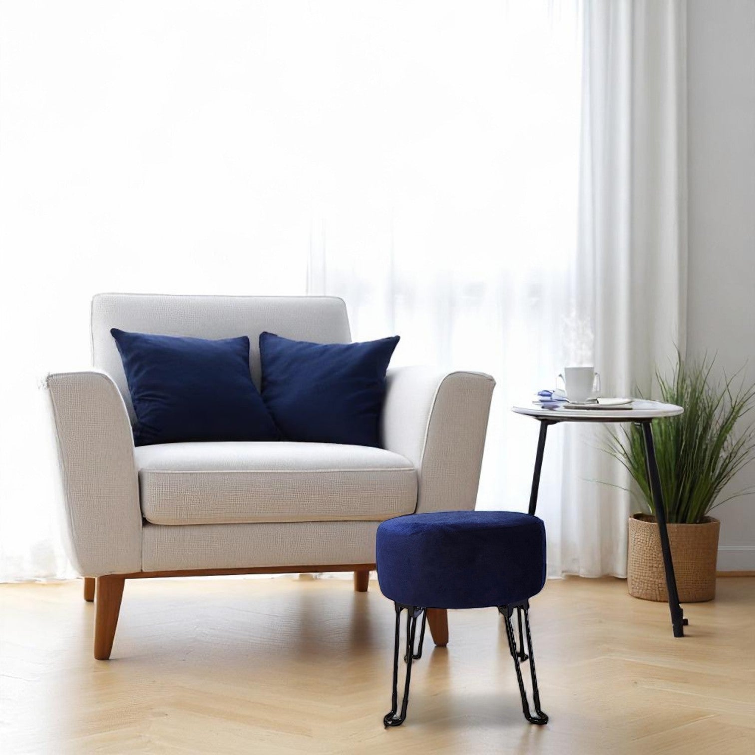 ITY International - Pouf en Velours avec Base en Métal, 14.5'' x 15.7'', Bleu - Simple Boutique