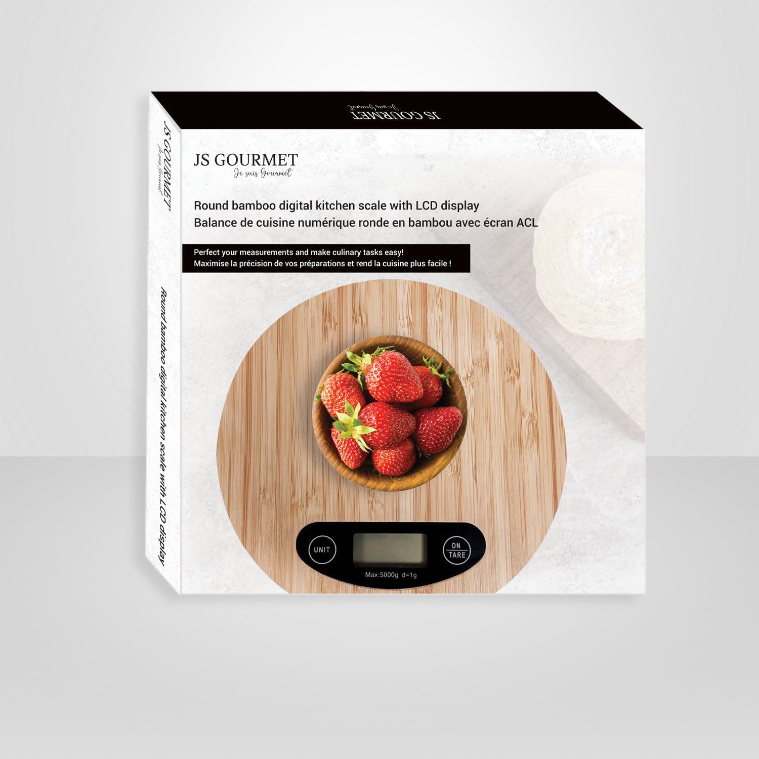 JS Gourmet - Balance de Cuisine Numérique Ronde avec Écran ACL, Fait en Bambou - Simple Boutique