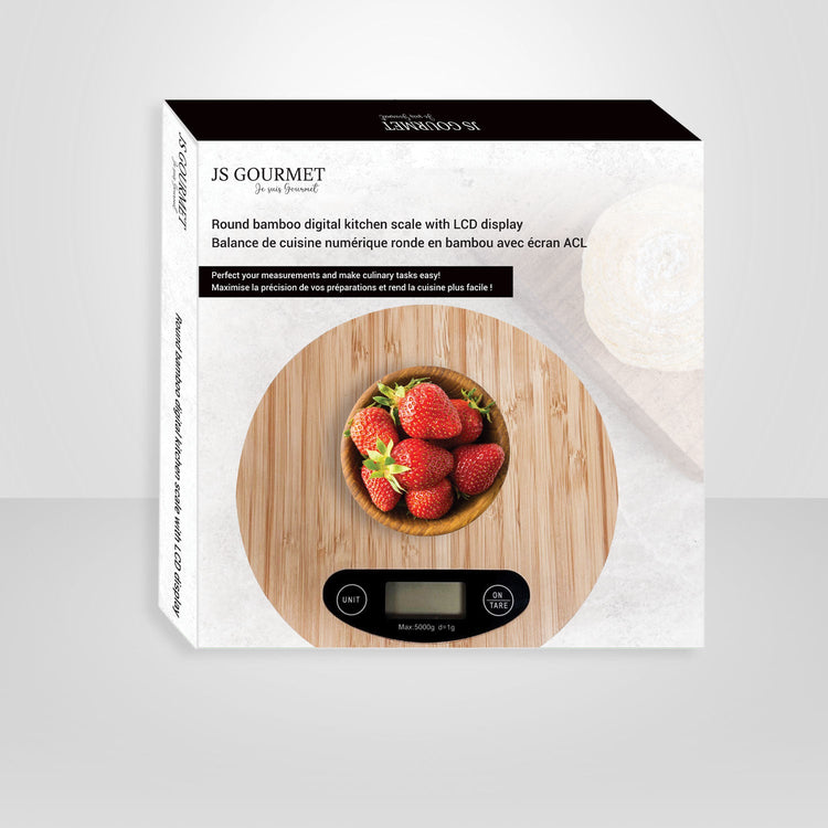 JS Gourmet - Balance de Cuisine Numérique Ronde avec Écran ACL, Fait en Bambou - Simple Boutique