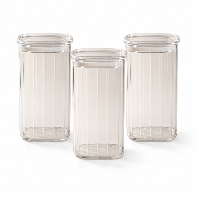 Bocal carré en verre borosilicate à larges rayures, 1050 ml — Lot de 3