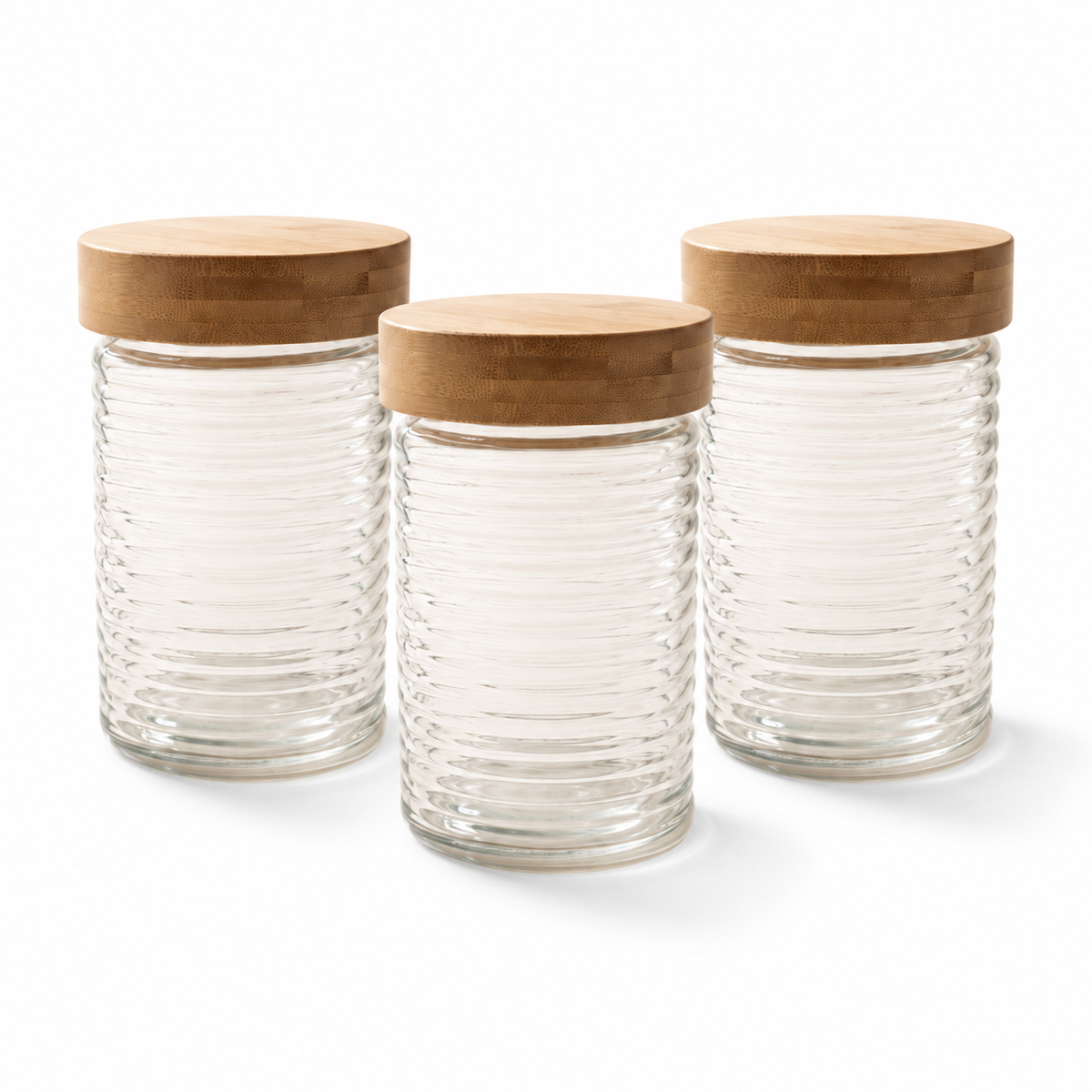 Bocal en verre gaufré avec couvercle en bambou à torsion, 1,3 L — Lot de 3