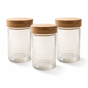 Bocal en verre gaufré avec couvercle en bambou à torsion, 1,3 L — Lot de 3