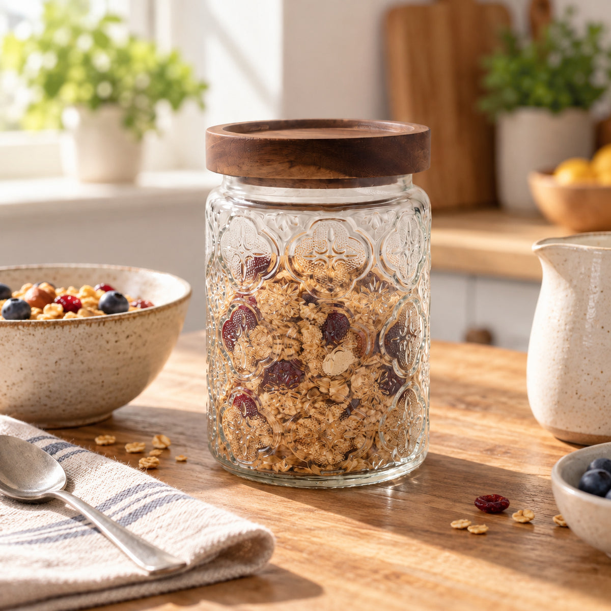 JS Gourmet Bocal en verre gaufré de 750 ml avec couvercle en bois d'acacia à clipser - Lot de 4 - Simple Boutique