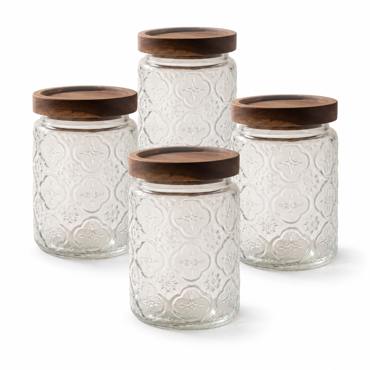 Bocal en verre gaufré de 750 ml avec couvercle en bois d'acacia à clipser — Lot de 4