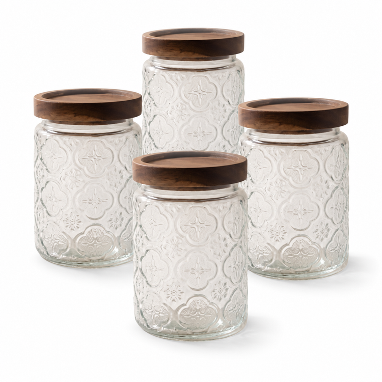 Bocal en verre gaufré de 750 ml avec couvercle en bois d'acacia à clipser — Lot de 4