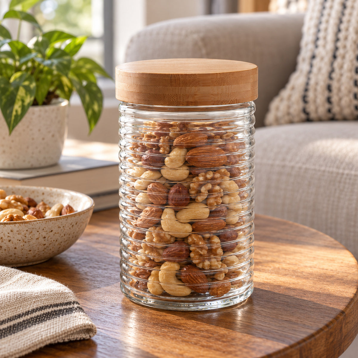 JS Gourmet Bocale en verre embossé de 0,9 L avec couvercle bambou à torsion - Lot de 3 - Simple Boutique