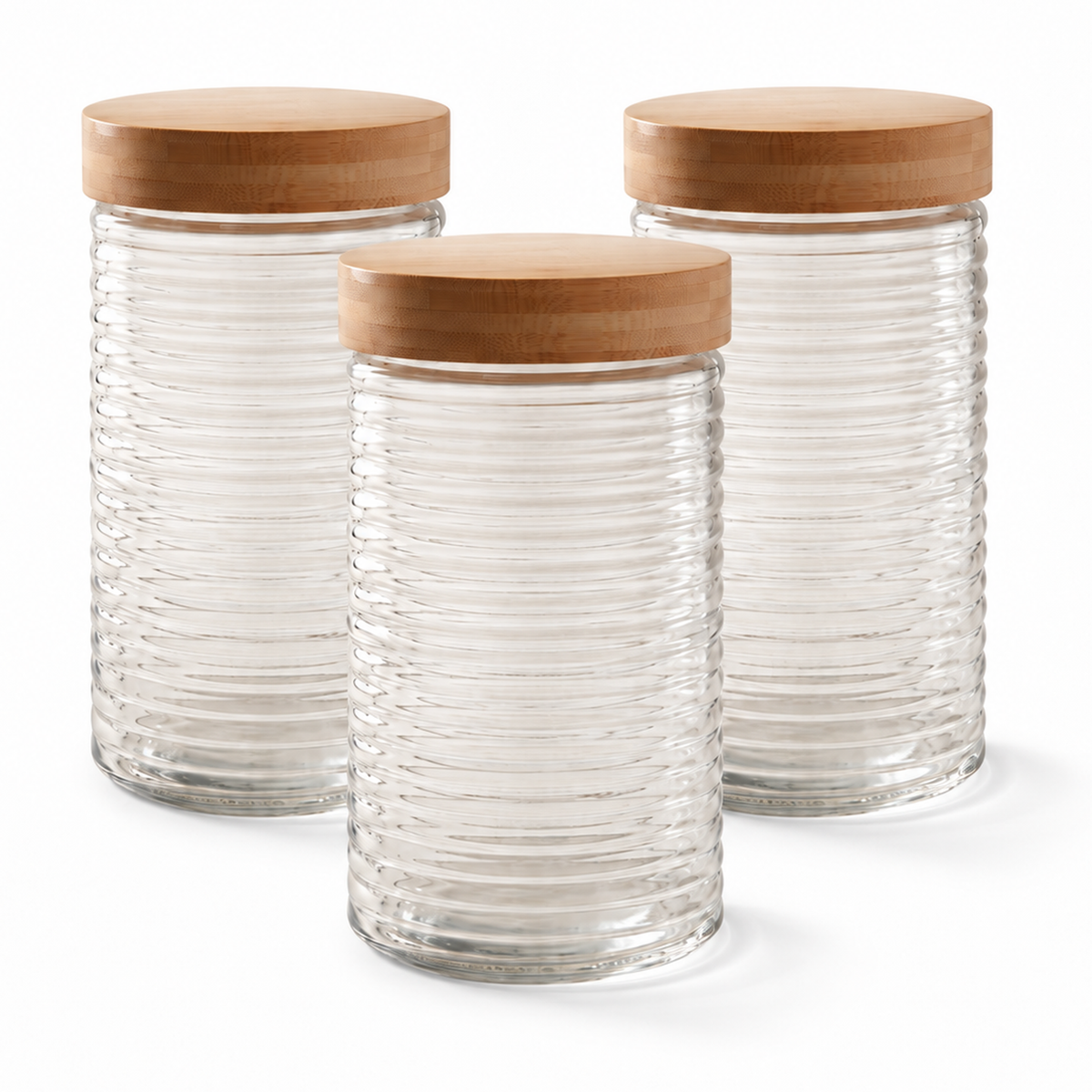 JS Gourmet Bocale en verre embossé de 0,9 L avec couvercle bambou à torsion - Lot de 3 - Simple Boutique