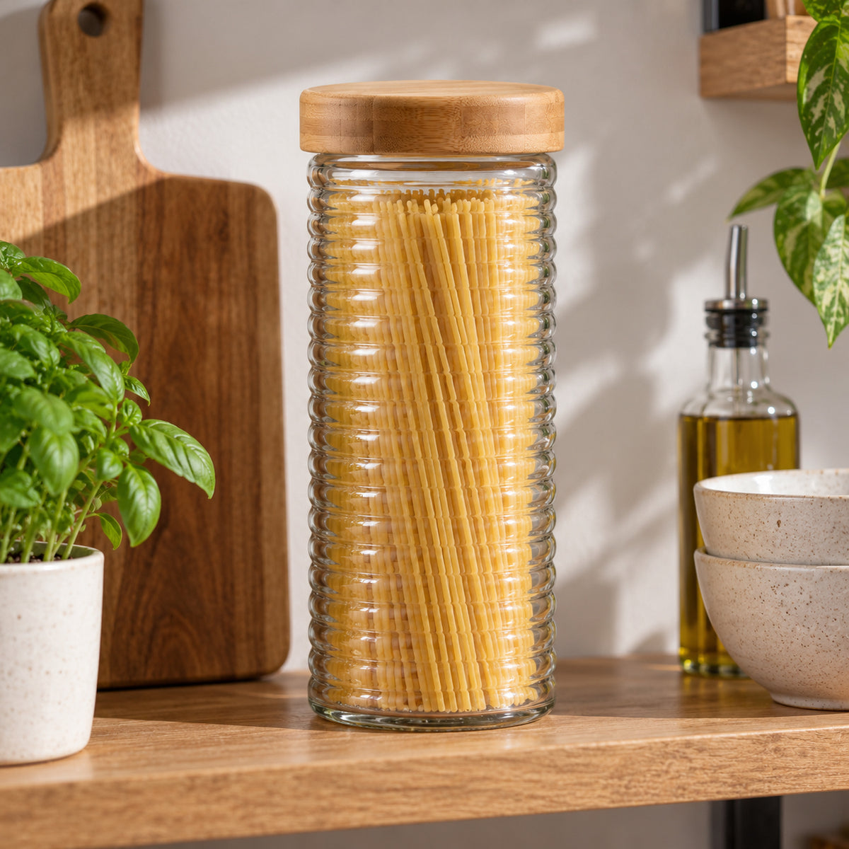 JS Gourmet Bocale en verre gaufré avec couvercle en bambou à torsion, 2,1L - Lot de 3 - Simple Boutique