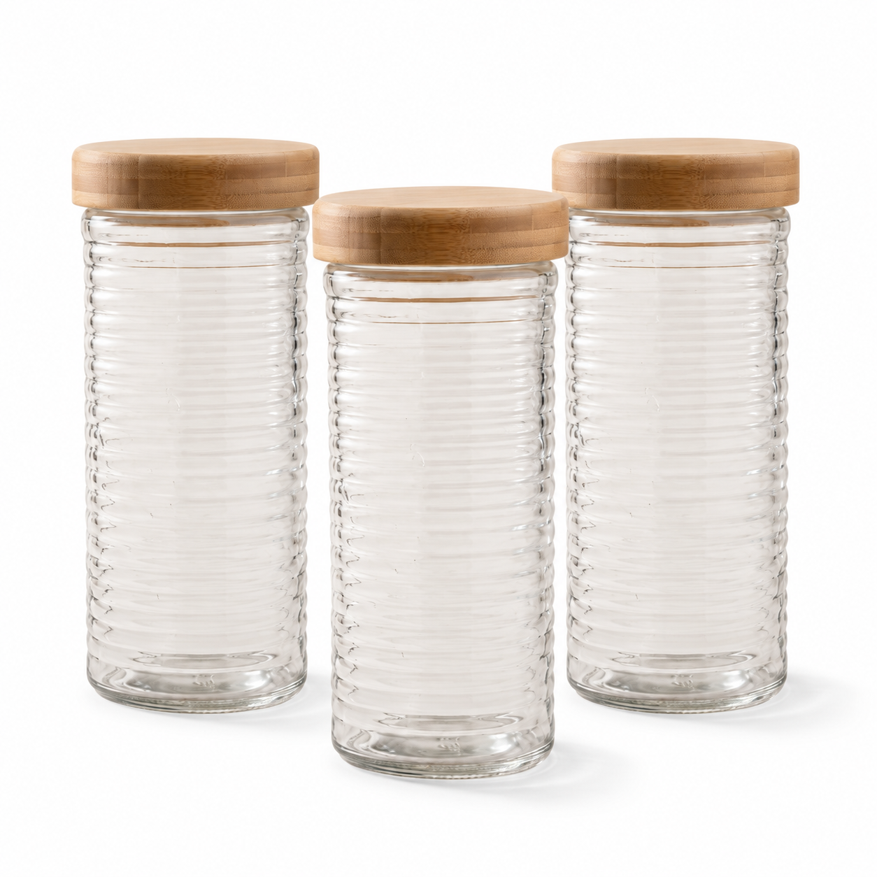 Bocale en verre gaufré avec couvercle en bambou à torsion, 2,1L — Lot de 3