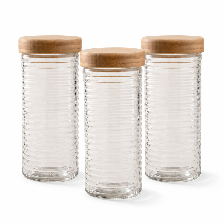 Bocale en verre gaufré avec couvercle en bambou à torsion, 2,1L — Lot de 3