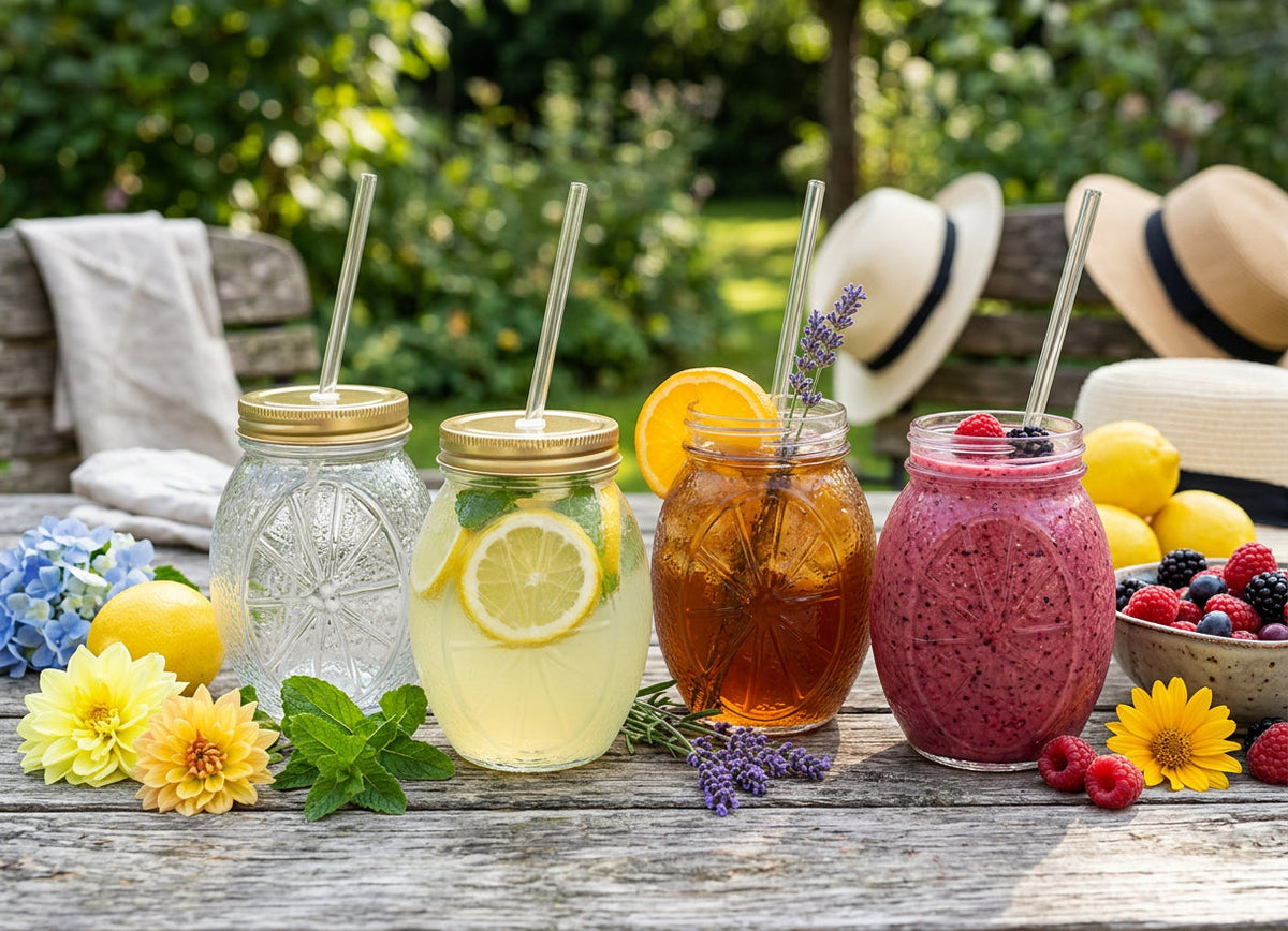 JS Gourmet Bocaux à boire en verre en forme d'agrume avec couvercles et pailles - Lot de 4 - Simple Boutique