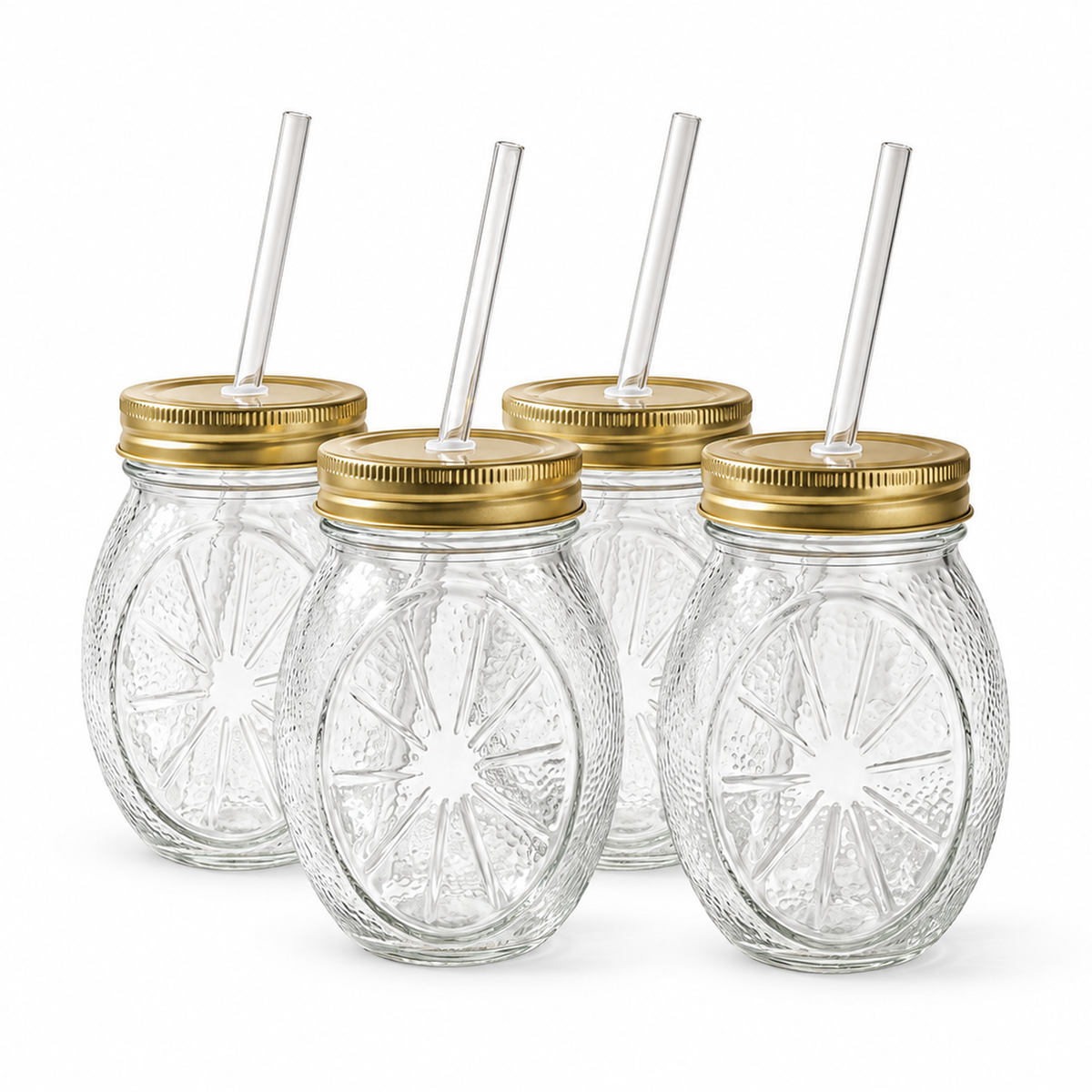 JS Gourmet Bocaux à boire en verre en forme d'agrume avec couvercles et pailles - Lot de 4 - Simple Boutique