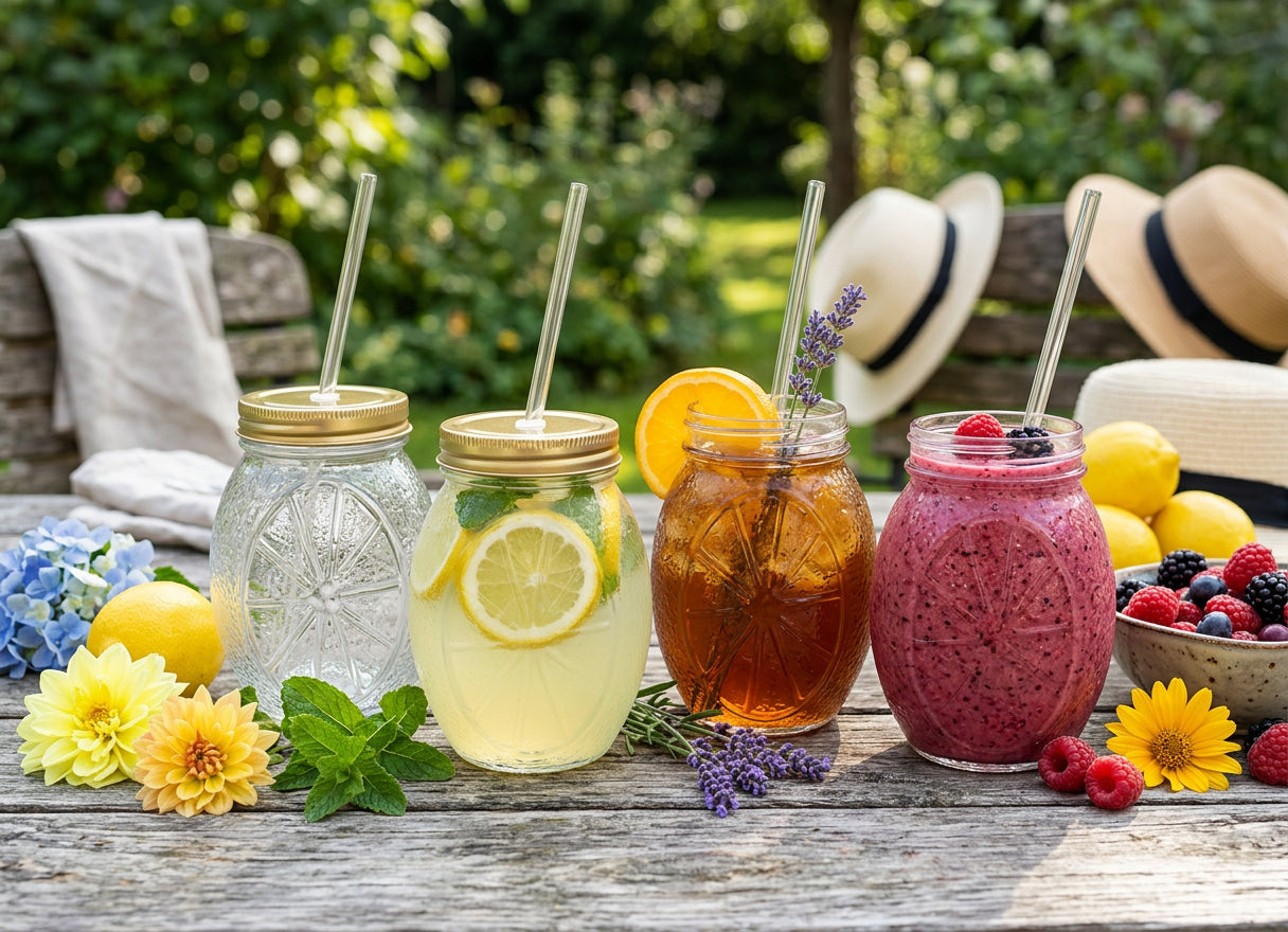 JS Gourmet Bocaux à boire en verre en forme d'agrume avec couvercles et pailles (ensemble de 4) - Simple Boutique