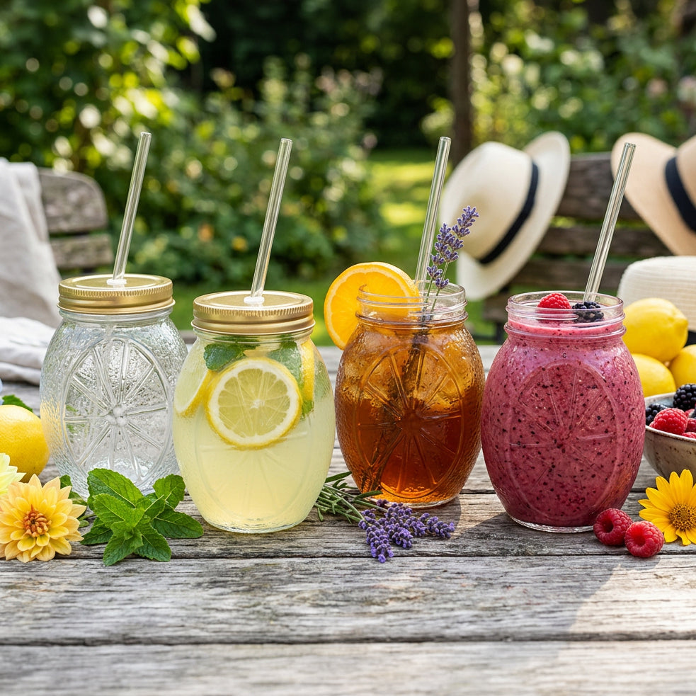 JS Gourmet Bocaux à boire en verre en forme d'agrume avec couvercles et pailles (ensemble de 4) - Simple Boutique