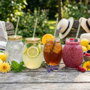JS Gourmet Bocaux à boire en verre en forme d'agrume avec couvercles et pailles (ensemble de 4) - Simple Boutique