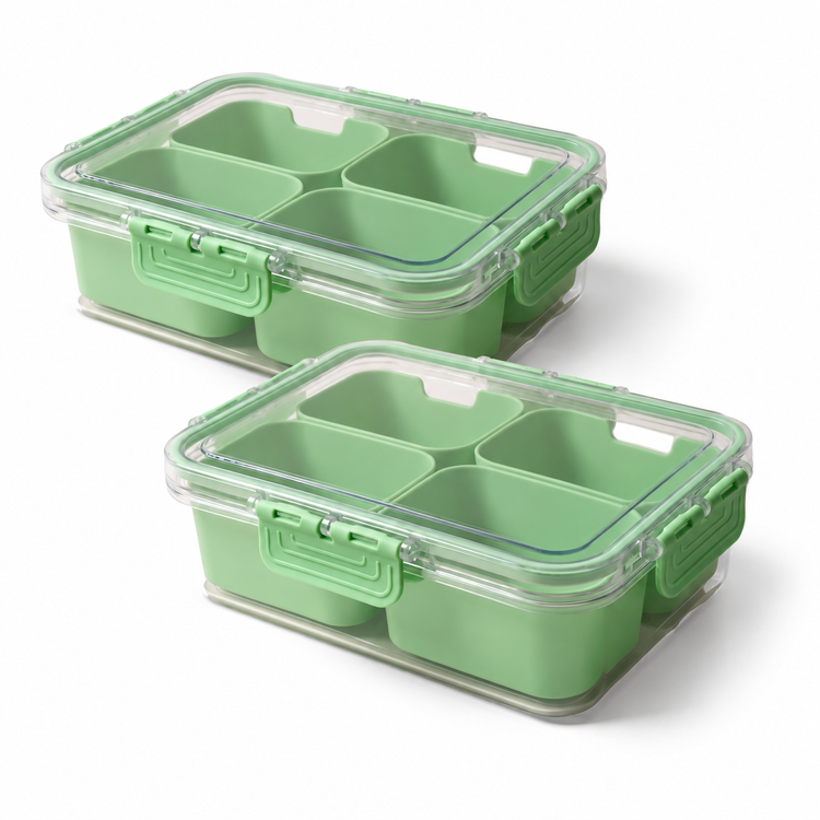 JS Gourmet Boîte à collations à 4 compartiments avec poignée — Verte — Lot de 2