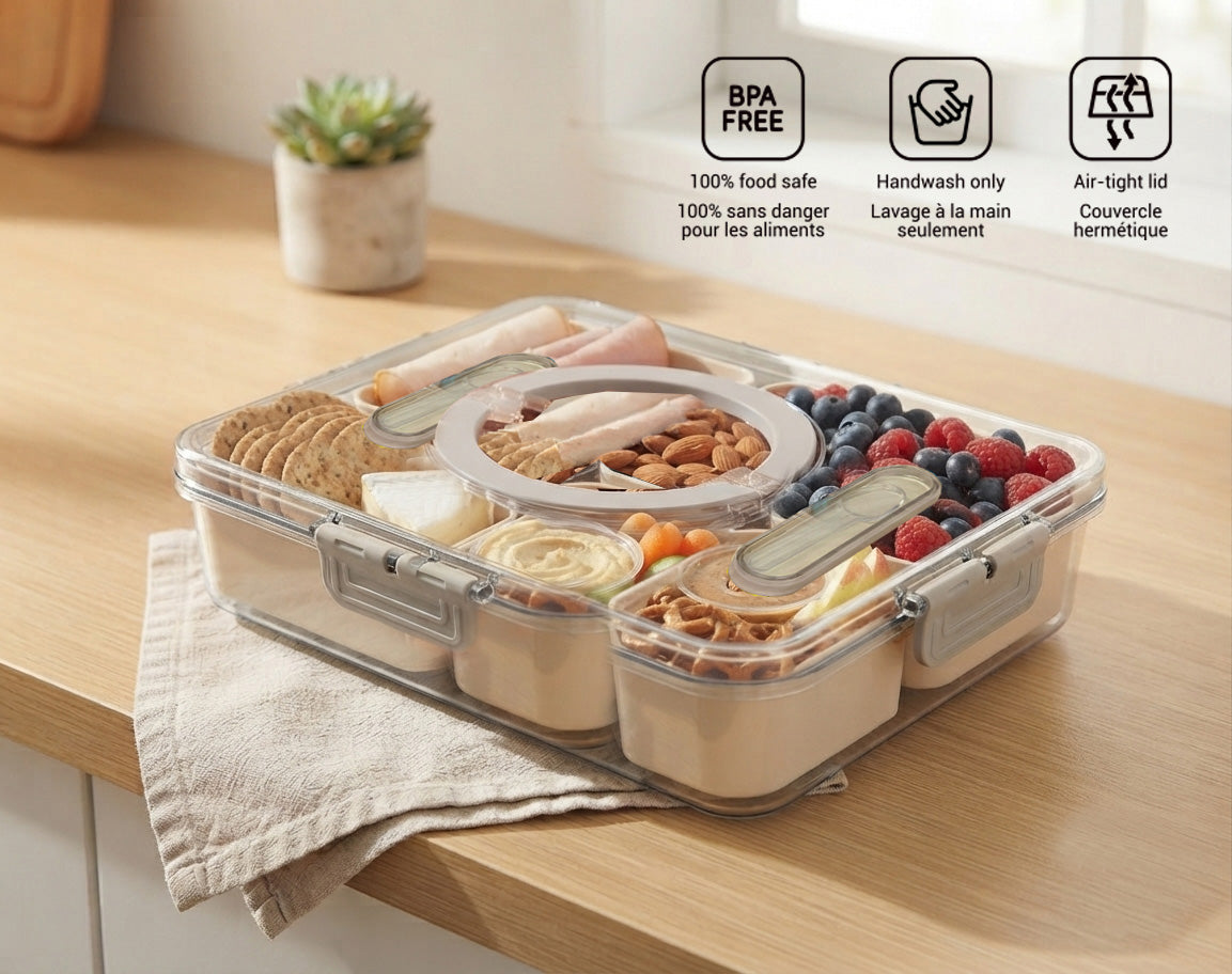 JS Gourmet Boîte à collations à 5 compartiments avec poignée et ustensiles — beige foncé - Simple Boutique