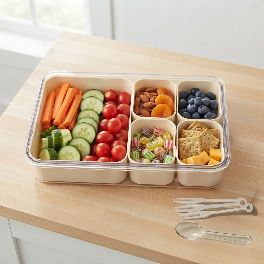 JS Gourmet Boîte à collations à 5 compartiments avec poignée et ustensiles — beige foncé - Simple Boutique