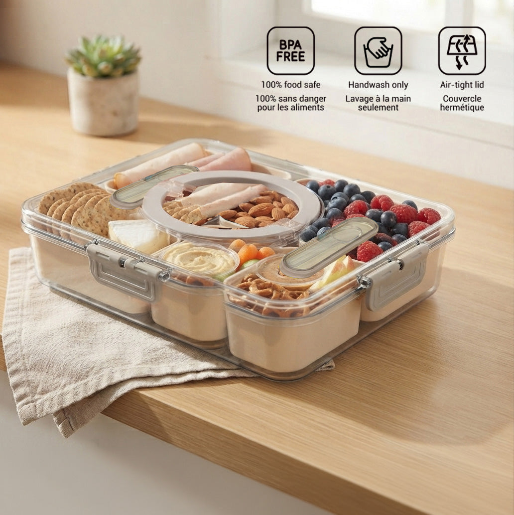 JS Gourmet Boîte à collations à 5 compartiments avec poignée et ustensiles — beige foncé - Simple Boutique
