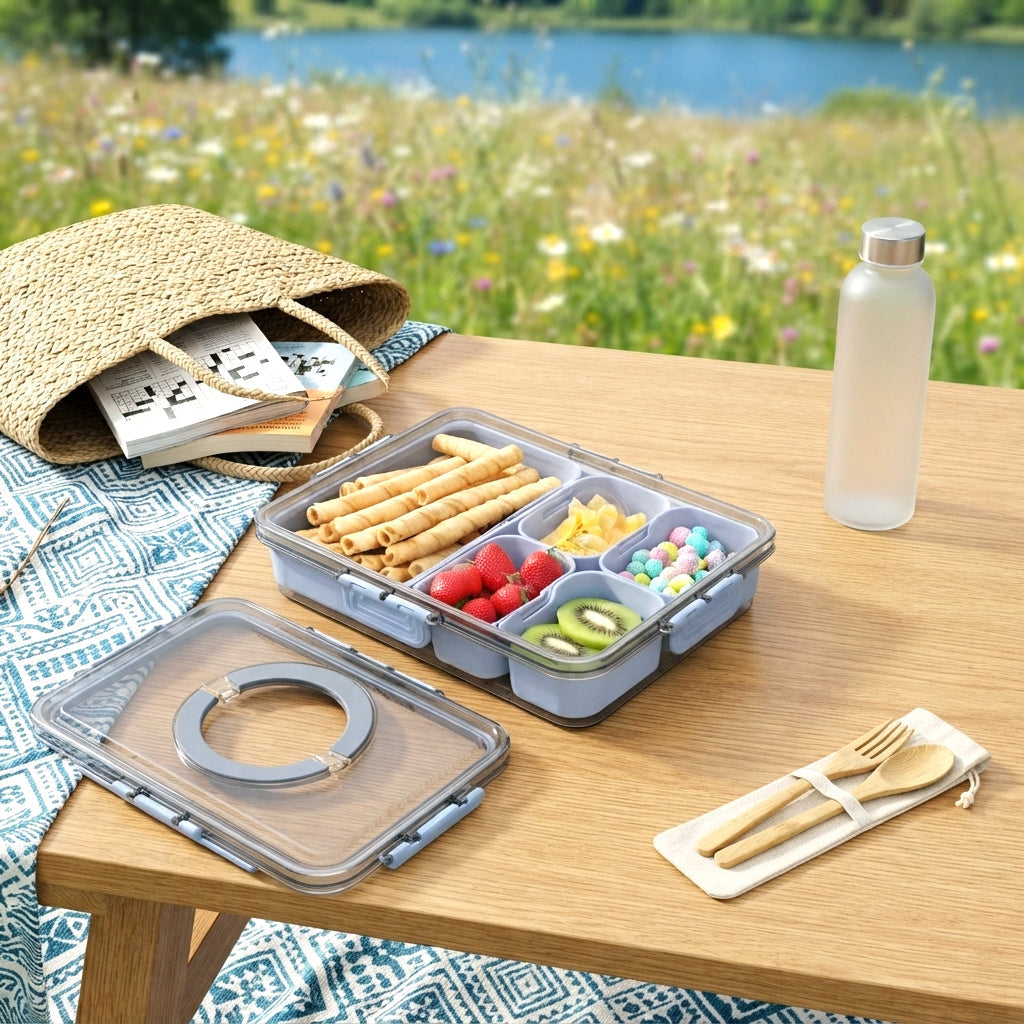 JS Gourmet Boîte de collation à 5 compartiments avec poignée et ustensiles — Bleue - Simple Boutique