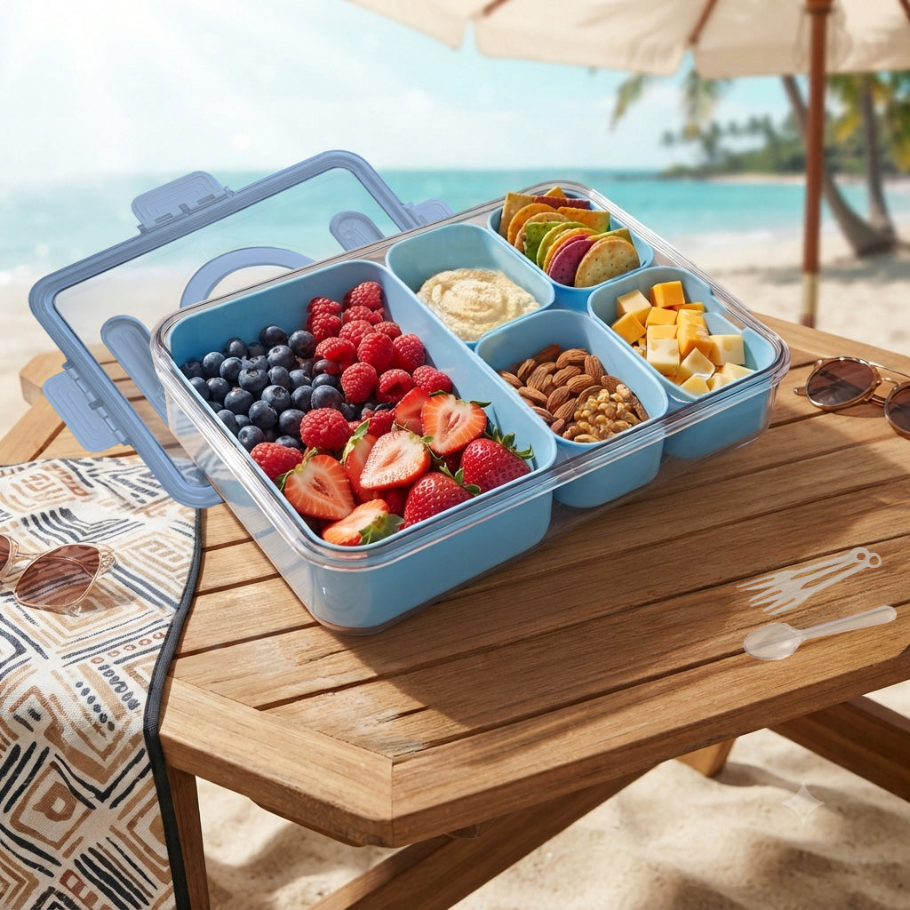 JS Gourmet Boîte de collation à 5 compartiments avec poignée et ustensiles — Bleue - Simple Boutique