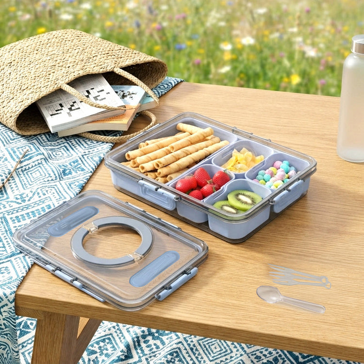 JS Gourmet Boîte de collation à 5 compartiments avec poignée et ustensiles — Bleue - Simple Boutique
