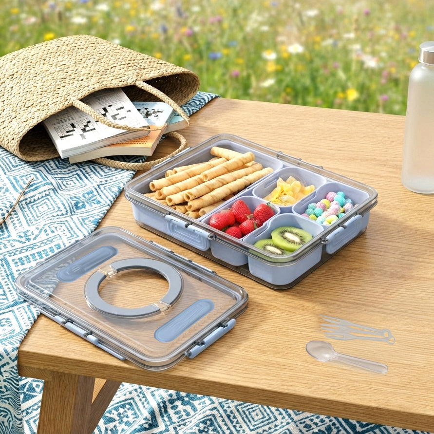 JS Gourmet Boîte de collation à 5 compartiments avec poignée et ustensiles — Bleue - Simple Boutique