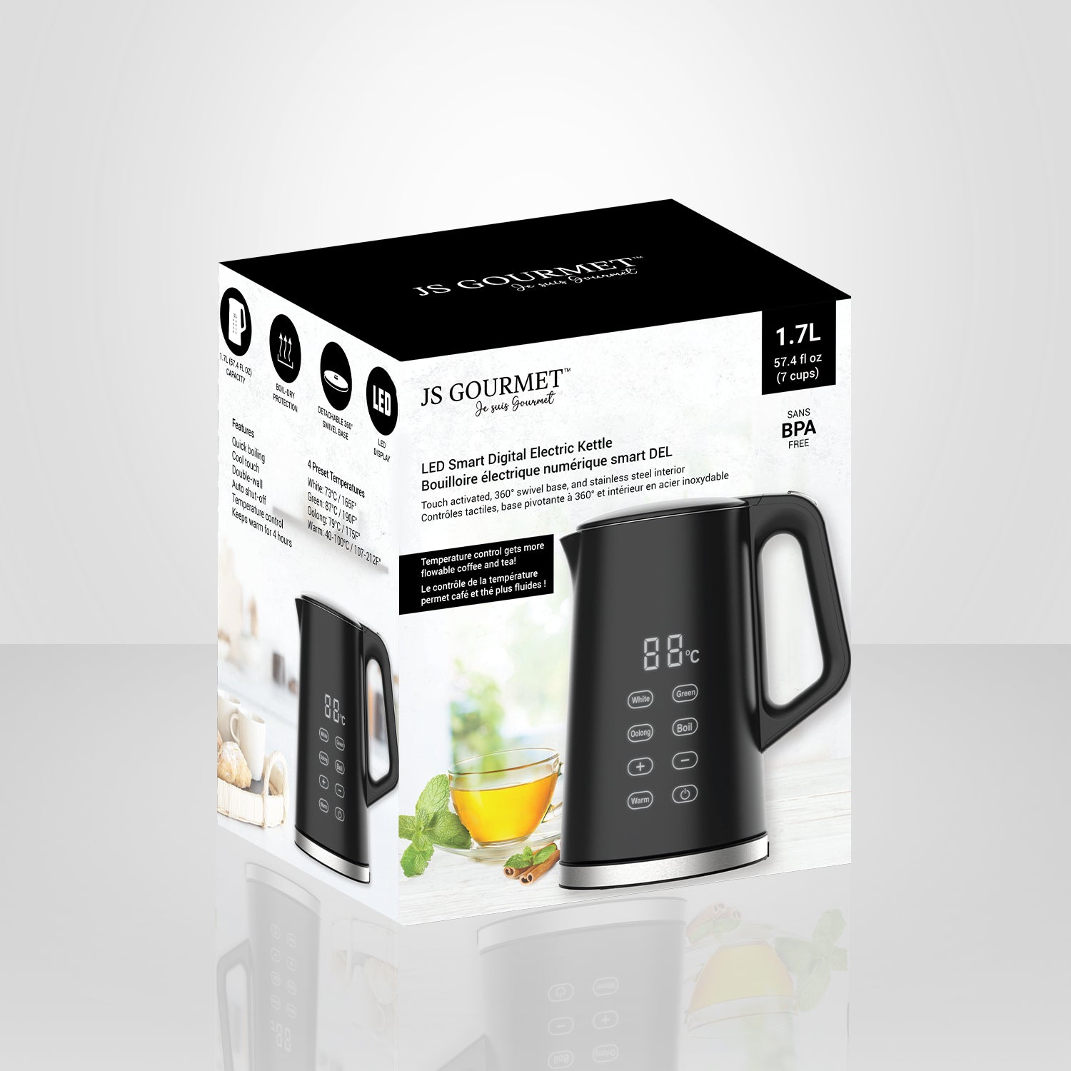 JS Gourmet - Bouilloire Électrique Numérique, Contrôle Tactile, Capacité de 1.7 Litre, Noir - Simple Boutique