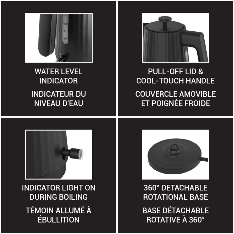JS Gourmet Bouilloire électrique 1,7 L, 1500 W - Noir mat, Collection Vague - Simple Boutique