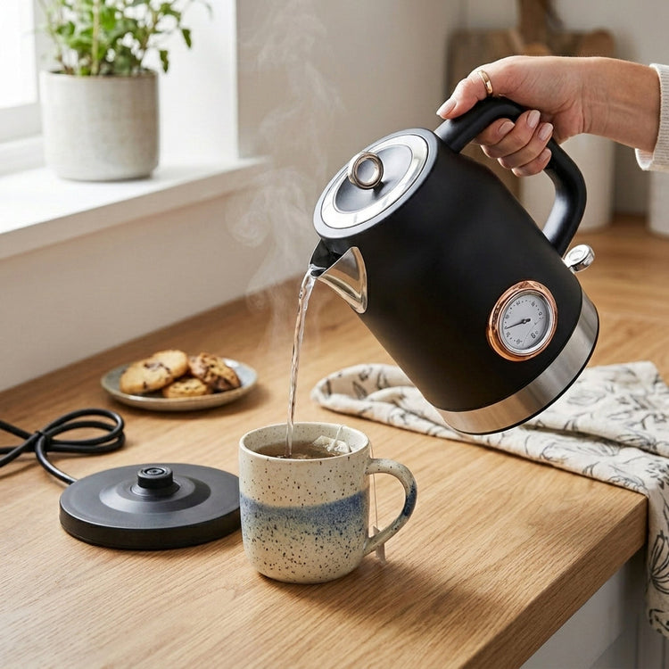 JS Gourmet Bouilloire électrique Rétro Collection Rosewood, 1,7 L, acier inoxydable noir mat - Simple Boutique